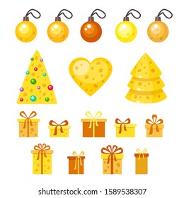 Big vector set of cartoon balls, gifts, a heart and new year trees on a white background in yellow and brown colors looking like cheese with holes. Holiday boxes with bows. Cute christmas elements