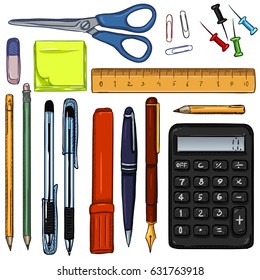 Big Vector Set of Cartoon Color Stationery Items on White Background. Office and School Accessories.