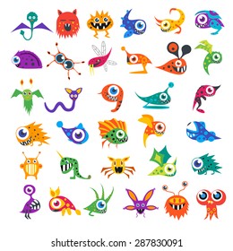 Big vector set of cartoon cute monsters and aliens. Custom shapes, bodies, faces, smiles, teeth and eyes. EPS 8 vector cute halloween monsters for your design and business.