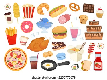 Big vector set of cartoon fast food isolated on white background.

