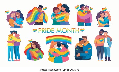 Big vector set celebrating PRIDE month with different happy people, gays, lesbians friends and rainbow supporting LGBT rights and movements. Avatar icons for festival parades parties and social events