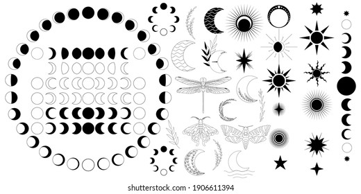 Big vector set of celestial ellements. Moon phases, stars and sun, butterfly, dragonfly, lunar and death head moth, plants. Moon phases for both Northern and South hemisphere. Isolated black icons.