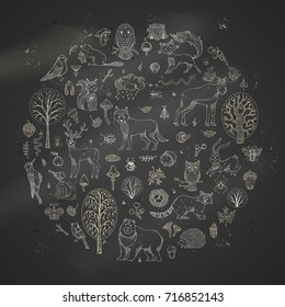 Big vector set of chalk animals and woodland elements on blackboard background. Trees, leaves and mushrooms. Moose, deer, bear, fox, wolf, owl, hare, squirrel, hedgehog and other mammals and birds.