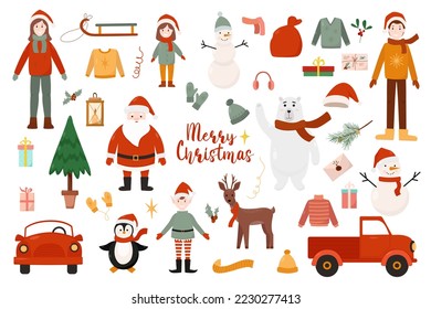 Big vector set of Christmas characters and decorations: family, santa, polar bear, elf, deer, red car, clothes. Design for greeting card, poster, website.