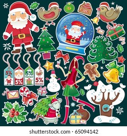 Big  vector set of Christmas design elements isolated on dark background.