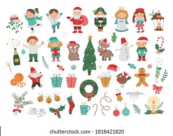 Big vector set of Christmas elements and children, Santa Claus in red hat with sack, angel, nutcracker, Christmas tree isolated on white. Cute funny illustration for decorations or new year design.
