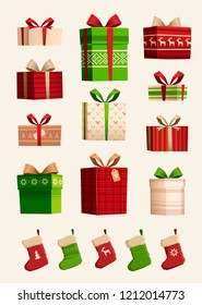 Big vector set of christmas gifts and socks. Ideas for postcards, souvenirs, invitations.