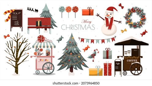 Big vector set of Christmas icons and elements. Cartoon Christmas cliparts for decorating cards, christmas street. Flat design for new year. Christmas tree, gifts, sweets, decorations, street carts