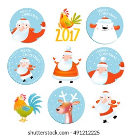 Big vector set of Christmas illustrations. Stickers, label, frame, poster, greeting card, invitation. Santa Claus, cock , bear, bird, bullfinch. Merry Christmas! happy New Year!