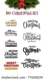 Big vector set of christmas lettering and christmas tree board with bow