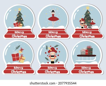 Big Vector set of christmas stikers with snowe globe balls with christmas tree, Nutcracker, ballerina and gift boxes for greeting card or invitation