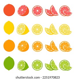 Big vector set of citrus fruits.Orange,lemon,grapefruit, and lime icons on white background