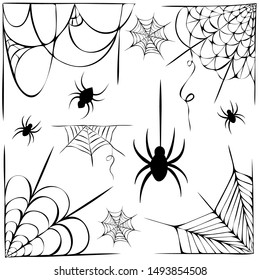 big vector set of cobwebs and hanging spiders silhouette isolated on white. line art of spider webs and spiders for halloween. decorative scary cobwebs collection. Spooky halloween decoration element