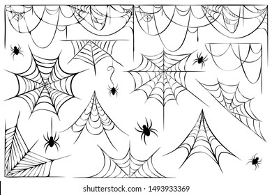 big vector set of cobwebs and hanging spiders silhouette isolated on white background. line art of spider webs and spiders for halloween. decorative scary cobwebs collection. Spooky decoration element