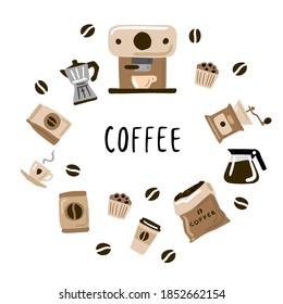 Big vector set of coffee. Coffee maker, coffee beans, Cup, cupcake bag. Kettle. Hand drawing. Bag. Manual coffee grinder. Isolated illustration on a white background.