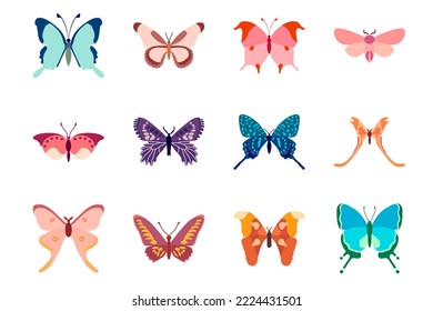 Big vector set, collection of butterflies on a white background. Isolated cartoon icon set, decorative insect.