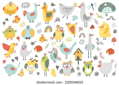 Big vector set with colorful birds in cartoon style. Vector animal illustration on white background.