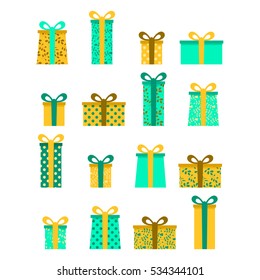 Big vector set of colorful gift boxes. Boxes for presents with patterns of polka dots and flowers. Holidays concept.