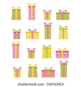 Big vector set of colorful gift boxes. Boxes for presents with patterns of polka dots and flowers. Holidays concept.