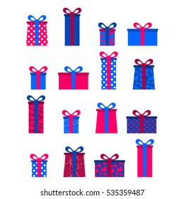 Big vector set of colorful gift boxes. Boxes for presents with patterns of polka dots and hearts. Holidays concept.