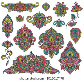 Big vector set of colorful henna floral elements based on traditional Asian ornaments. Paisley Mehndi Tattoo Doodles collection.