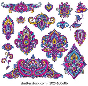 Grande conjunto vetorial de elementos florais henna coloridos baseados em ornamentos asiáticos tradicionais. Coleção Paisley Mehndi Tattoo Doodles.