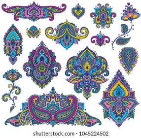 Big vector set of colorful henna floral elements based on traditional Asian ornaments. Paisley Mehndi Tattoo Doodles collection