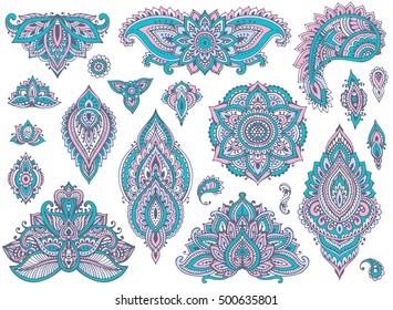 Big vector set of colorful henna floral elements and frames based on traditional Asian ornaments. Paisley Mehndi Tattoo Doodles collection. Blue and pink cool soft colors