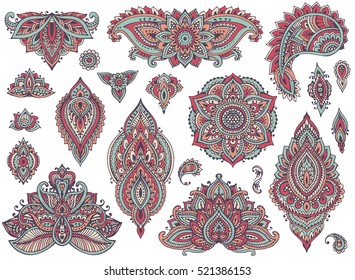 Big vector set of colorful henna floral elements and frames based on traditional Asian ornaments. Paisley Mehndi Tattoo Doodles collection