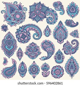 Big vector set of colorful henna floral elements based on traditional Asian ornaments. Paisley Mehndi Tattoo Doodles collection