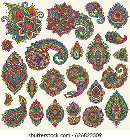 Big vector set of colorful henna floral elements based on traditional Asian ornaments. Paisley Mehndi Tattoo Doodles collection.