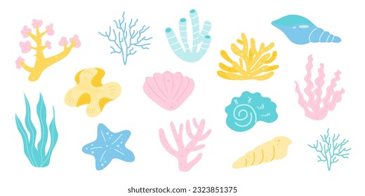 Big vector set of coral reef, algae, seashells