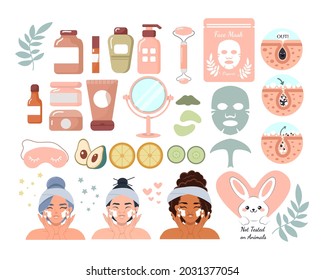 Un gran conjunto vectorial de cosméticos para el cuidado facial de la piel. Personajes femeninos con cremas, matorrales y lociones. Máscara facial, parches, insignias, logotipo, cosméticos naturales orgánicos y otros elementos. Autocuidado