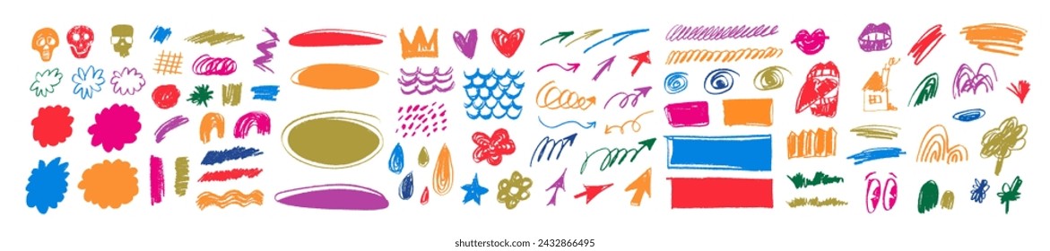 Big vector set of crayon hand-drawn childish punk style doodle icons: arrows, swirls, spirals, hearts, mermaid scales, clouds, trees. Grungy kids scribbled colored charcoal queen crown, flower, house