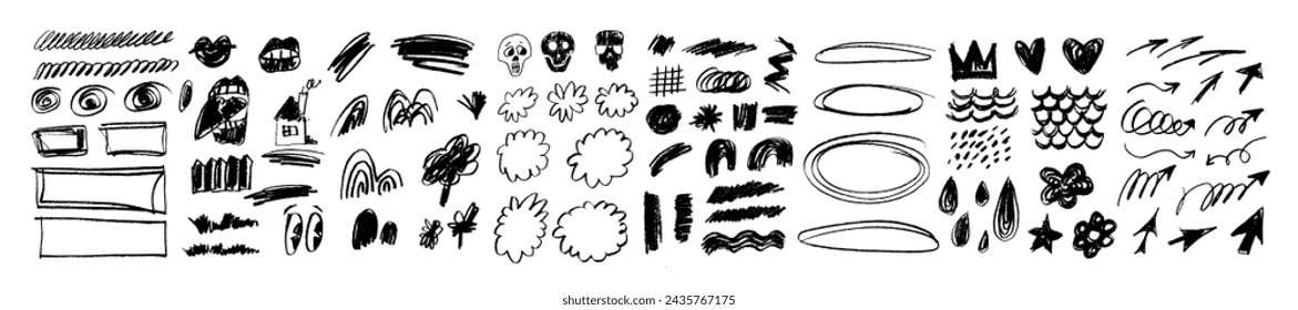 Big vector set of crayon hand-drawn childish punk doodle icons: arrows, swirls, spirals, hearts, mermaid scales, clouds, trees, bushes skulls. Grungy kids scribbled charcoal queen crown, flower, house