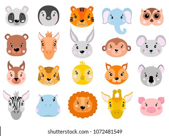 Big vector set of cute animals face icon flat in white background. Illustration