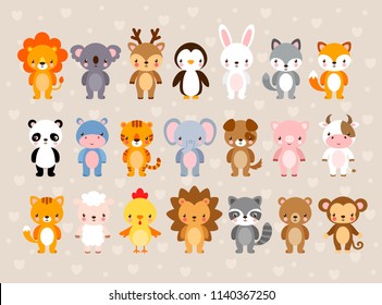 Big vector set with cute animals. Illustration in a cartoon style on a children's theme. Africa, tropics, antarctica, farm, forest.