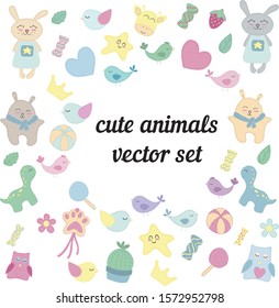big vector set, cute animals, toys and goodies for children, without background
