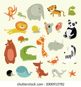 Big vector set of cute cartoon animals. 