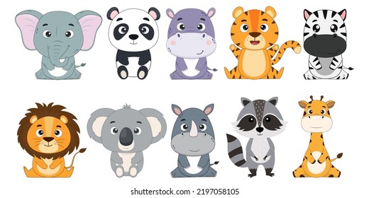 Big vector set of cute cartoon animal characters.Elephant,panda,hippo,tiger,zebra,lion,koala,rhinoceros,raccoon,giraffe on white background.Elements for design and print