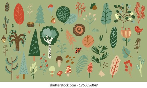 Big vector set of cute forest trees and plants, colorful and isolated