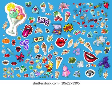 big vector set of cute funny comic cartoon object, eye, sparrow,pizza, dagger and other for apps, books, cards or stickers