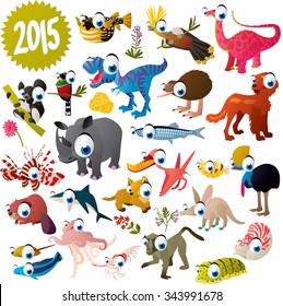 big vector set of cute funny comic cartoon animals, fish, birds and dinosaurs for apps, books, cards or stickers