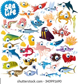 big vector set of cute funny comic cartoon animals, fish, birds and dinosaurs for apps, books, cards or stickers