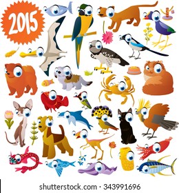 big vector set of cute funny comic cartoon animals, fish, birds and dinosaurs for apps, books, cards or stickers