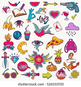 big vector set of cute funny comic cartoon object, eye, sparrow,pizza, dagger and other for apps, books, cards or stickers