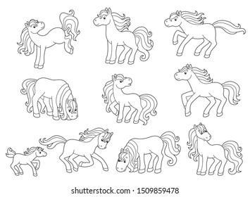 
Big vector set with cute horses. Vector cartoon pony. Vector illustration for children. Coloring book 