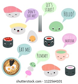 Big vector set of cute kawaii asian food stickers, perfect for your bullet journal, scrapbooking, patches, banners, etc.