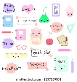 Big vector set of cute kawaii school supplies, perfect stuff for banners, stickers, patches, etc.