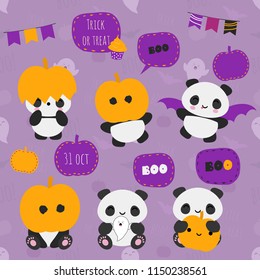 Big vector set of cute kawaii panda bears and decorative elements in Halloween theme. Perfect for stickers, patches, greeting cards. etc.